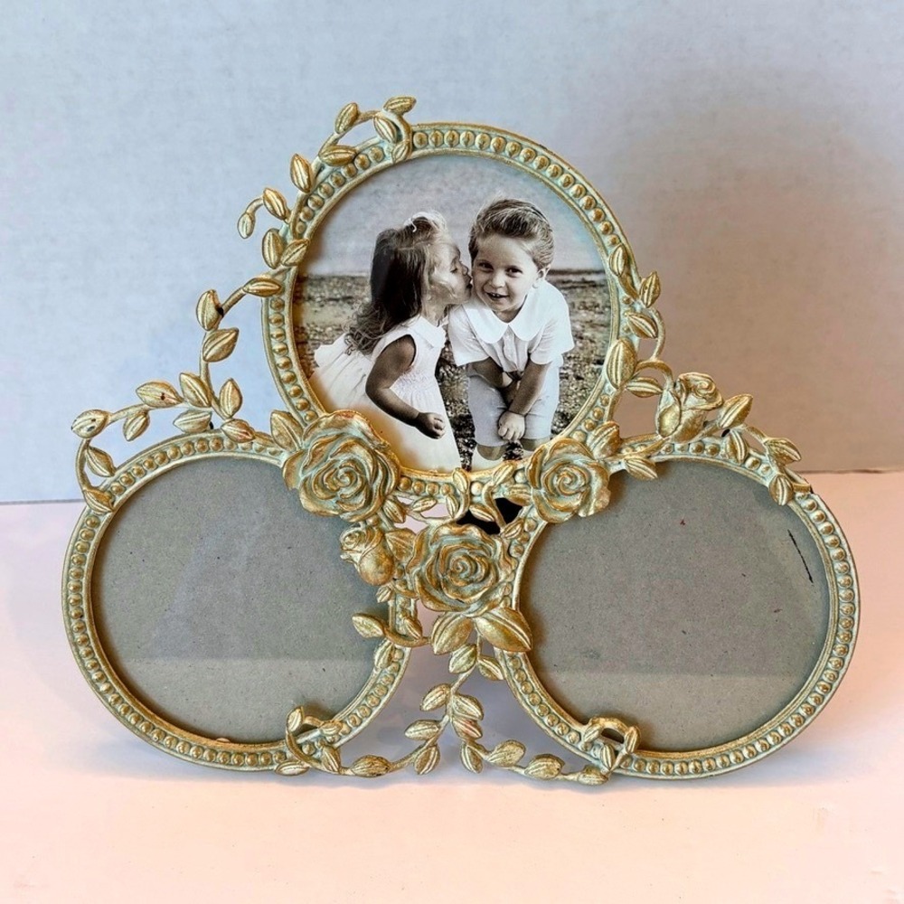 Vtg Burnes Boston Triple PhotoFrame 8X7 Antiqued Roses Birds Victorian Cottage